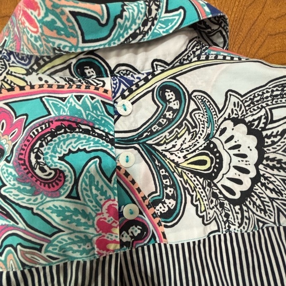 Chicos Sleeveless Cotton  Pocket Multi Print Fabrics Button up Shirt 2 - Picture 4 of 10